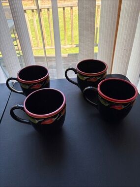 Clay Art Black Ceramic Jalapeno Accent Mug with Red Rim - Set of 4